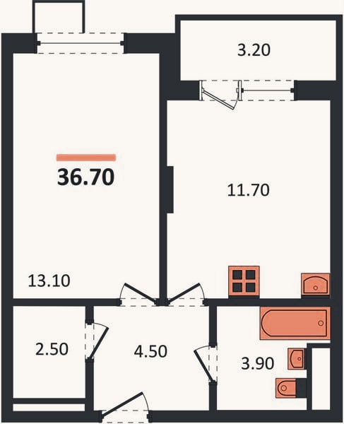 Планировка: 1-к, 36,7 м²