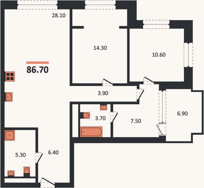 Планировка: 2-к, 86,7 м²