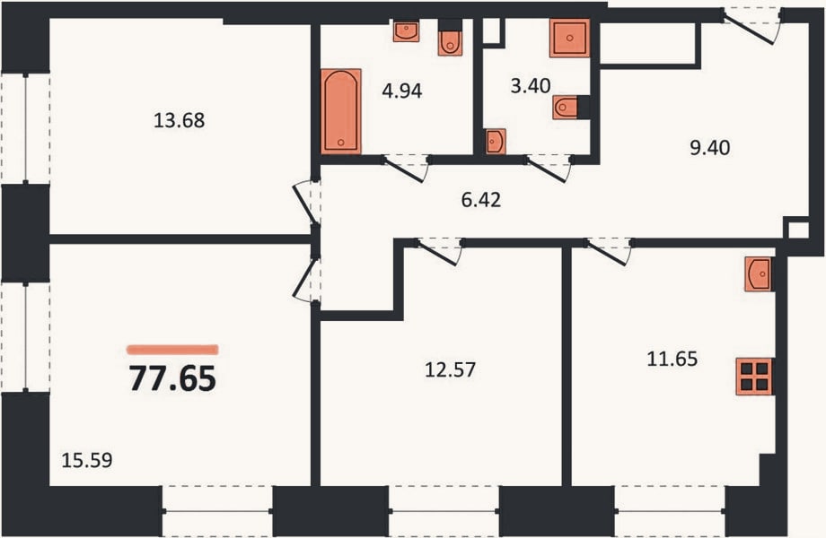 Планировка: 3-к, 77,7 м²