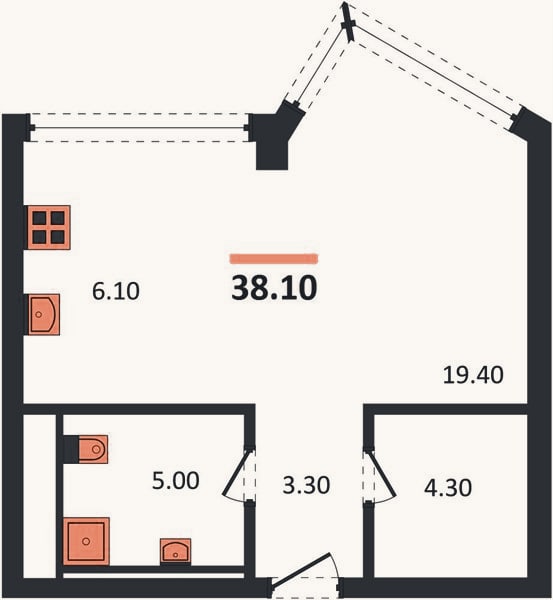 Планировка: Студия, 38,1 м²