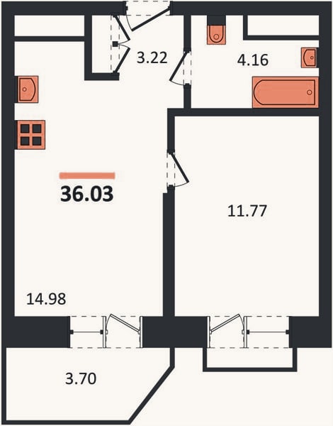 Планировка: 1-к, 36 м²