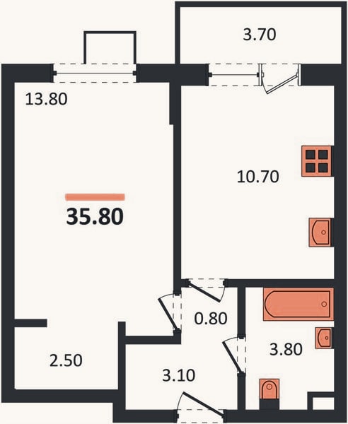 Планировка: 1-к, 35,8 м²