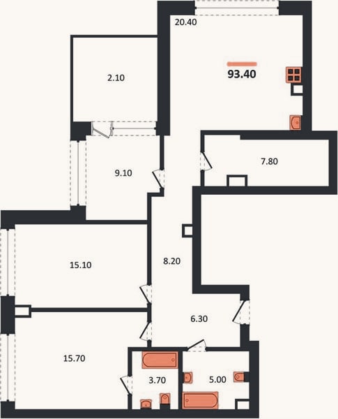 Планировка: 3-к, 93,4 м²