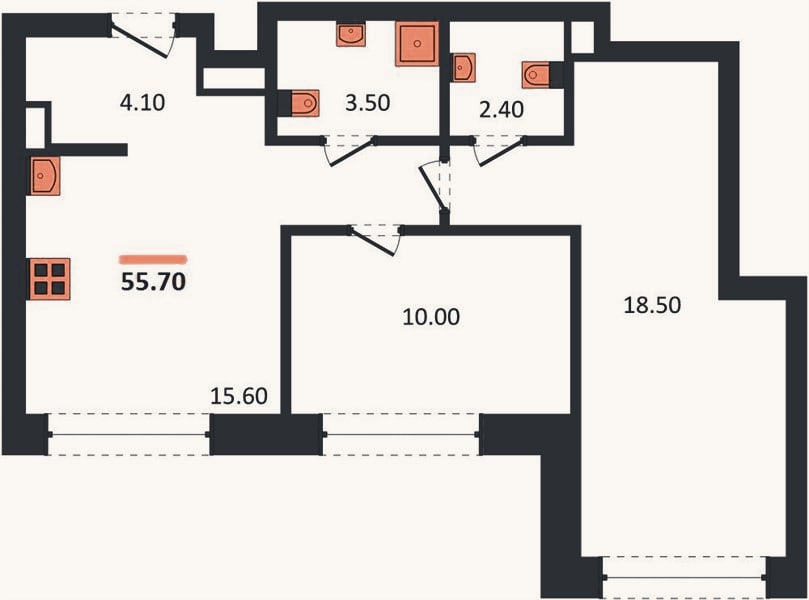 Планировка: 2-к, 55,7 м²