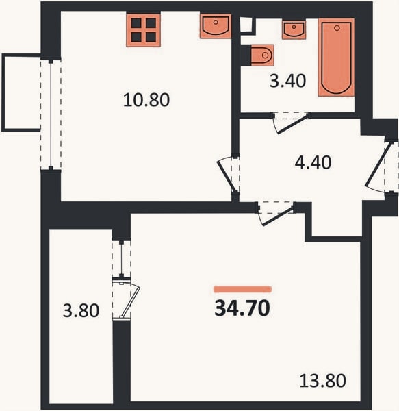 Планировка: 1-к, 34,7 м²
