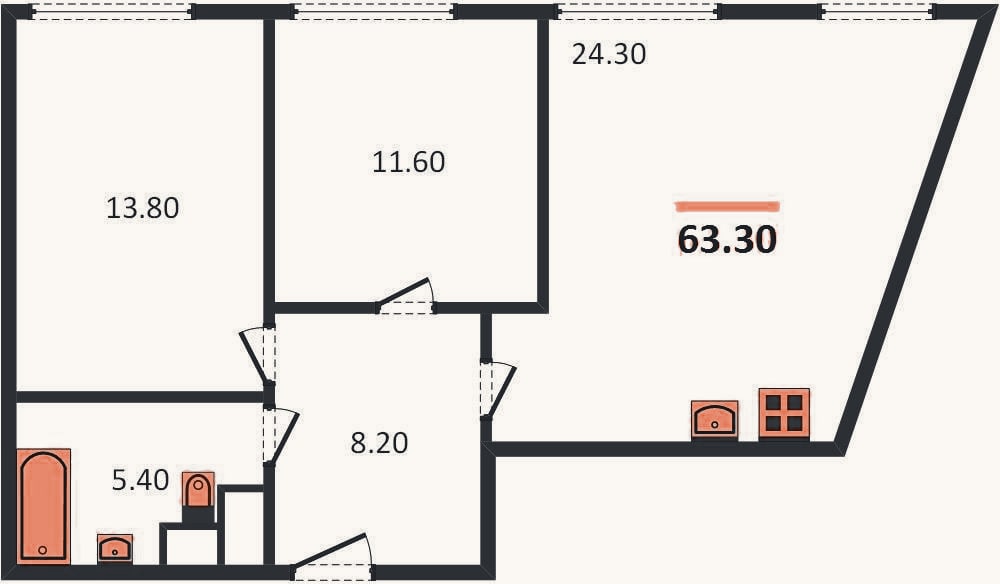 Планировка: 2-к, 63,3 м²