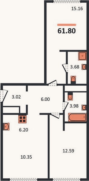 Планировка: 2-к, 61,8 м²
