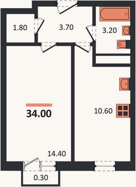 Планировка: 1-к, 34 м²