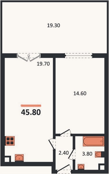 Планировка: 1-к, 45,8 м²