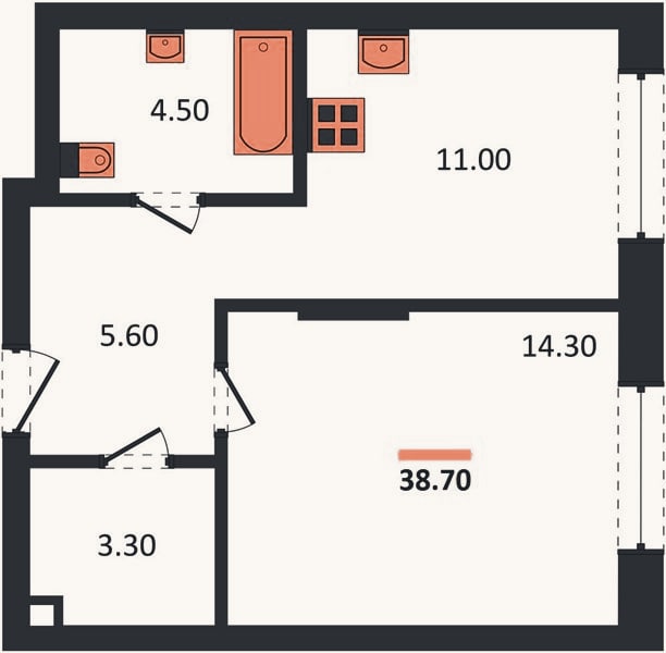 Планировка: 1-к, 38,7 м²