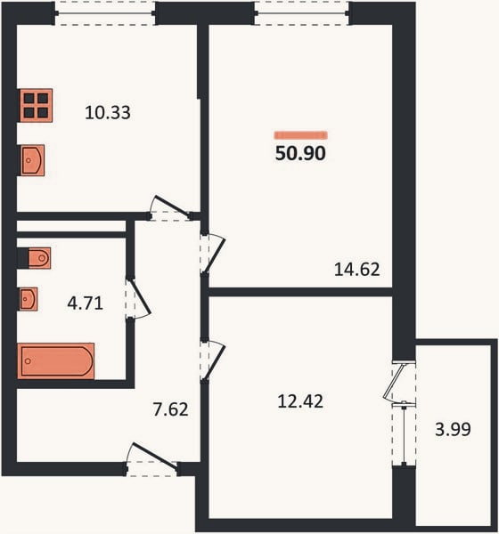 Планировка: 2-к, 50,9 м²