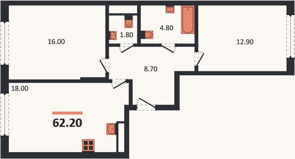 Планировка: 2-к, 62,2 м²
