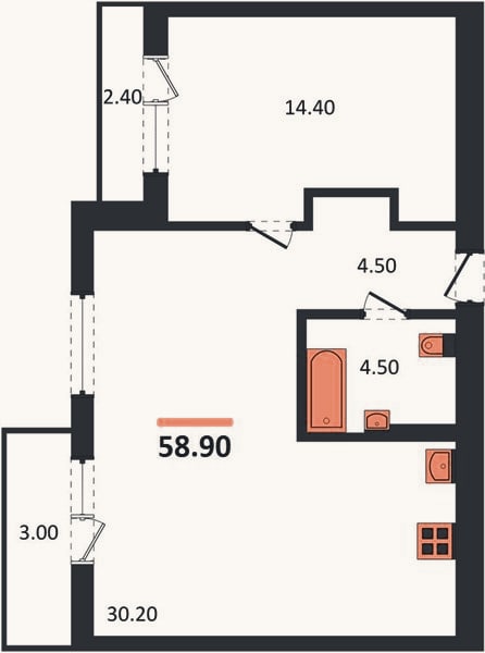 Планировка: 1-к, 58,9 м²