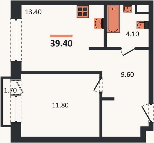 Планировка: 1-к, 39,4 м²