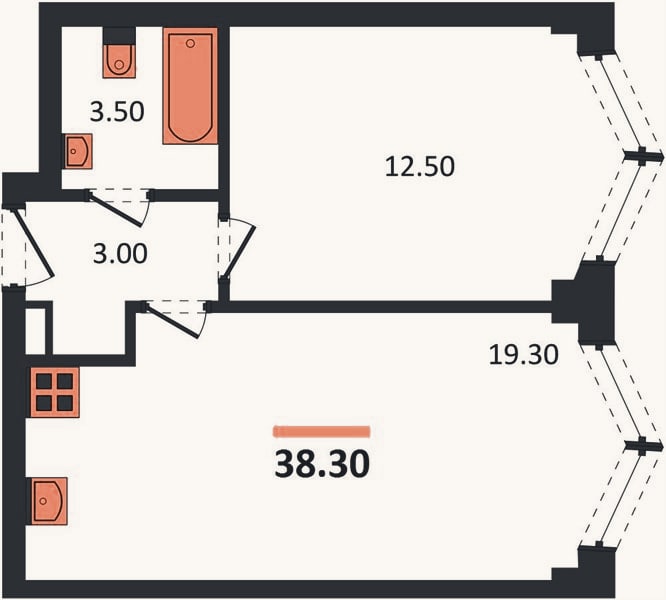 Планировка: 1-к, 38,3 м²