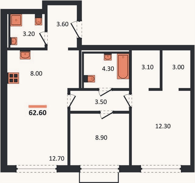 Планировка: 2-к, 62,6 м²