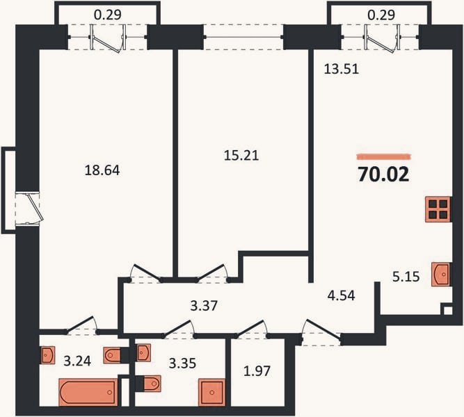 Планировка: 2-к, 70 м²