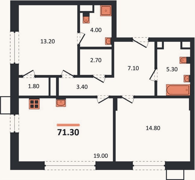 Планировка: 2-к, 71,3 м²