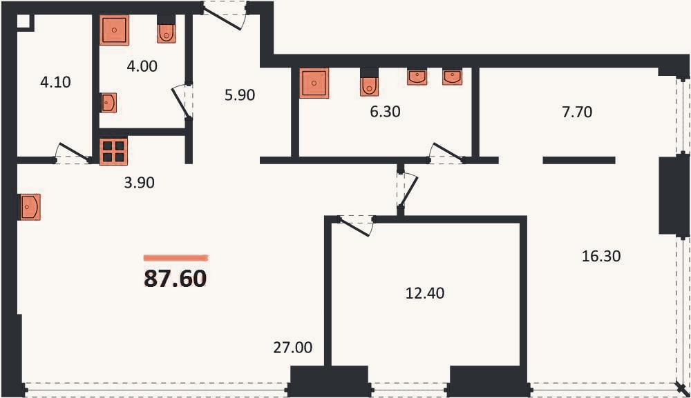 Планировка: 2-к, 87,6 м²