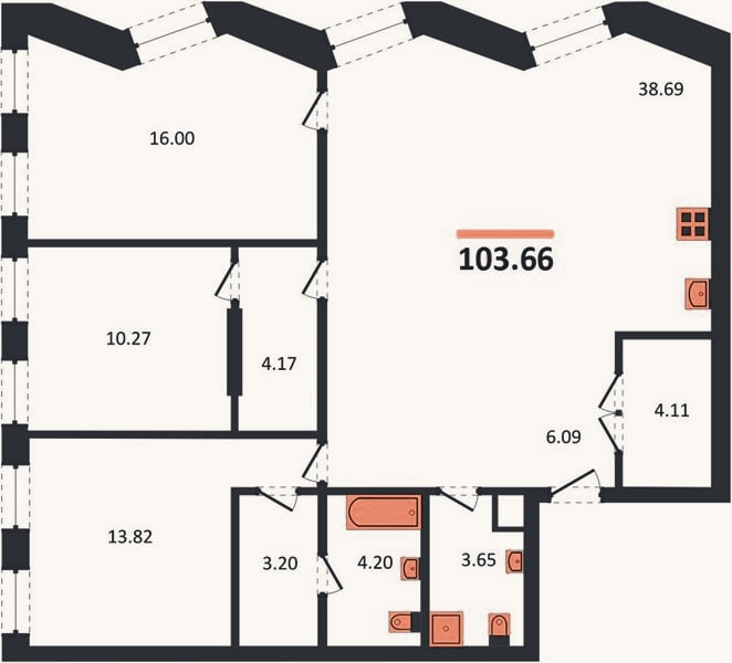Планировка: 3-к, 103,5 м²