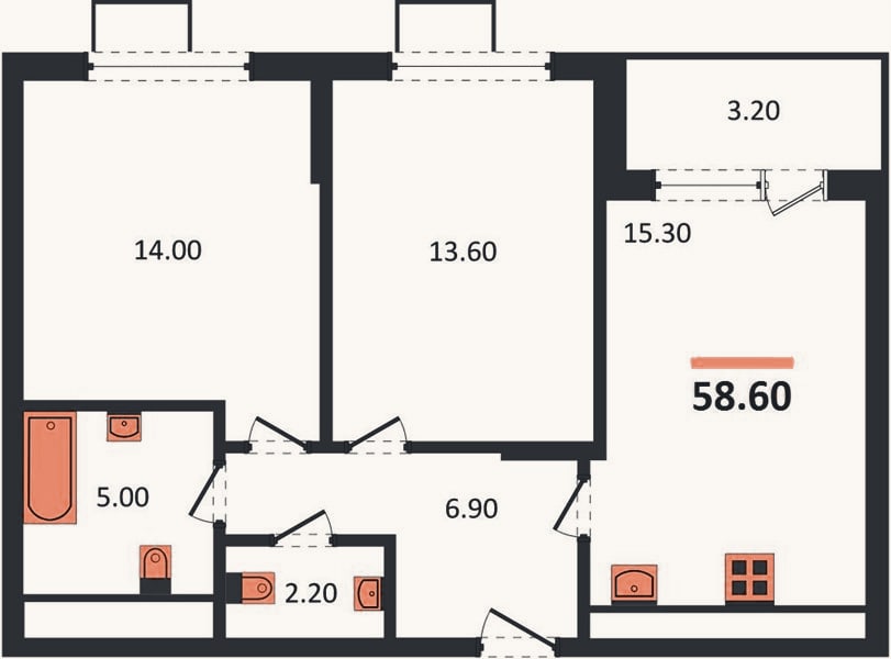 Планировка: 2-к, 58,6 м²