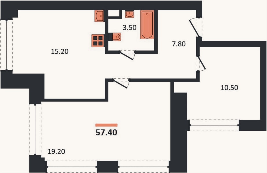 Планировка: 2-к, 57,4 м²