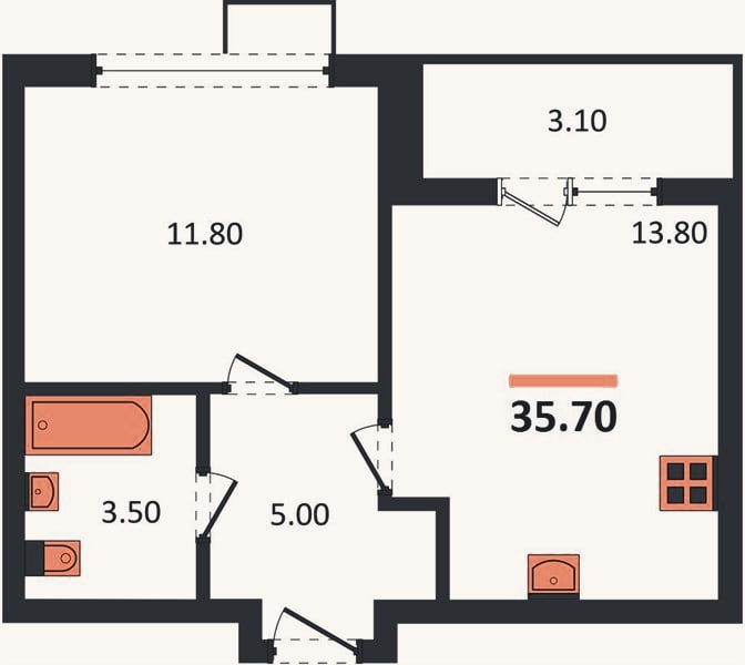 Планировка: 1-к, 35,7 м²