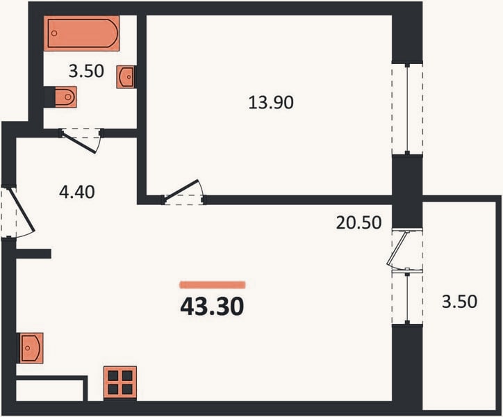 Планировка: 1-к, 43,3 м²