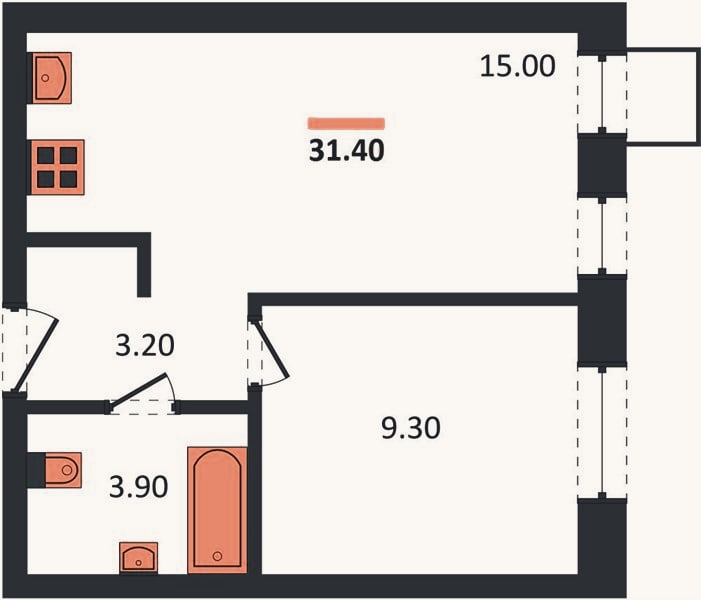 Планировка: 1-к, 31,4 м²