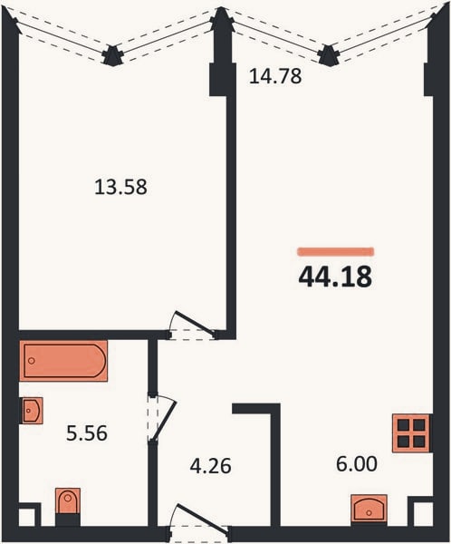 Планировка: 1-к, 44,2 м²