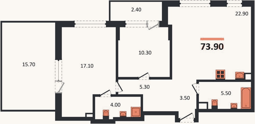 Планировка: 2-к, 73,9 м²