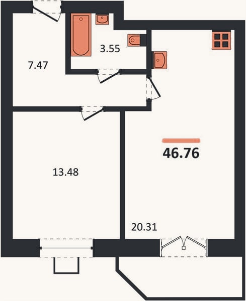 Планировка: 1-к, 46,8 м²