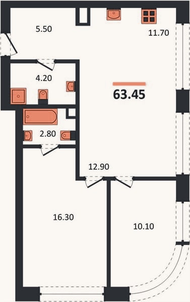Планировка: 2-к, 63,5 м²