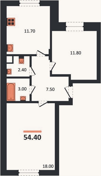 Планировка: 2-к, 54,4 м²