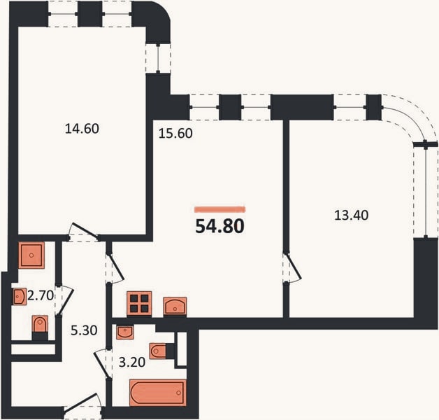 Планировка: 2-к, 54,8 м²