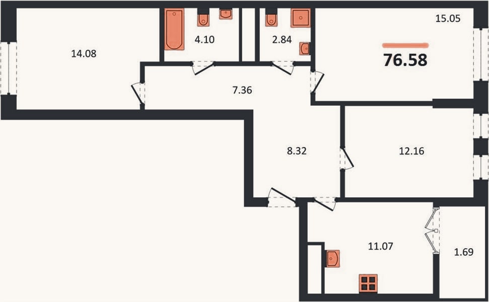 Планировка: 3-к, 76,6 м²