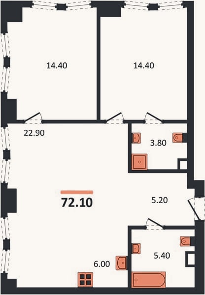 Планировка: 2-к, 72,1 м²
