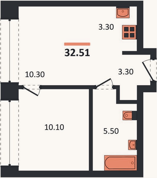 Планировка: 1-к, 32,5 м²