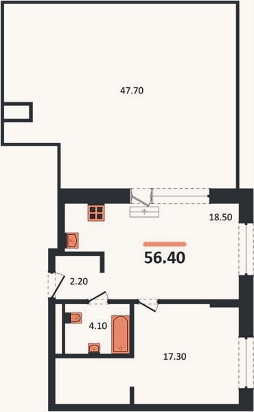 Планировка: 1-к, 56,4 м²