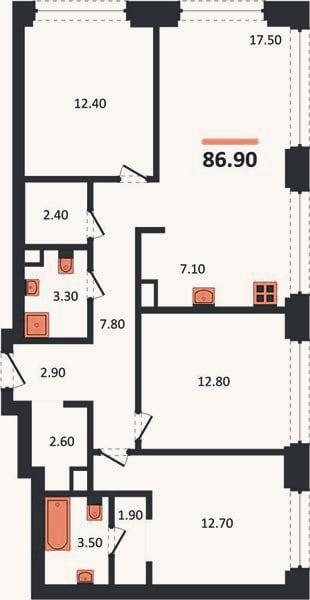 Планировка: 3-к, 86,9 м²