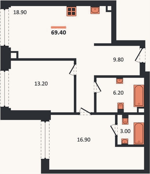 Планировка: 2-к, 69,4 м²