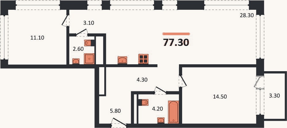 Планировка: 2-к, 77,3 м²