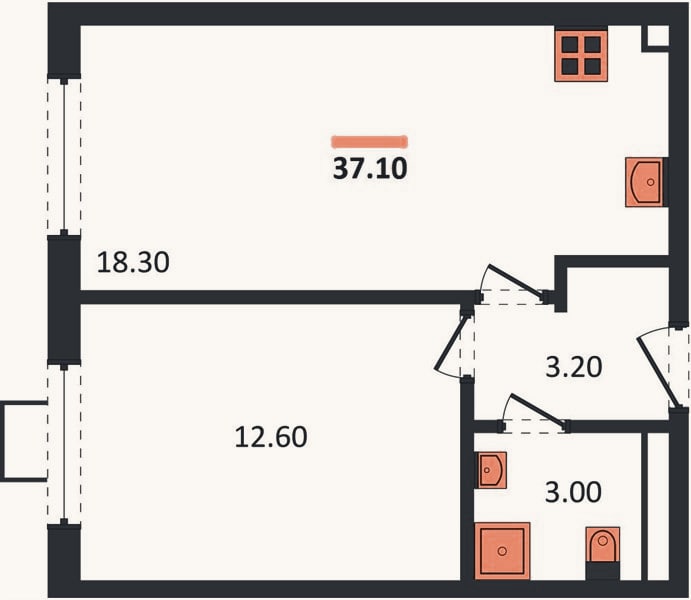 Планировка: 1-к, 37,1 м²