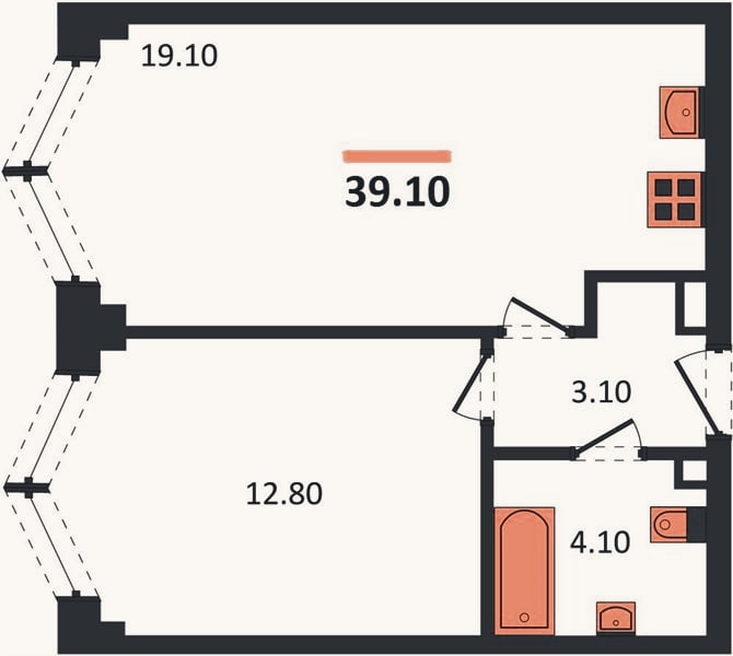 Планировка: 1-к, 39,1 м²