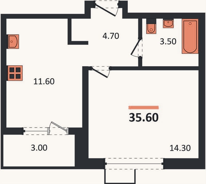 Планировка: 1-к, 35,6 м²