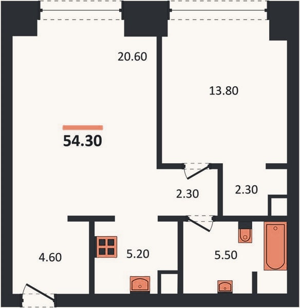 Планировка: 1-к, 54,3 м²