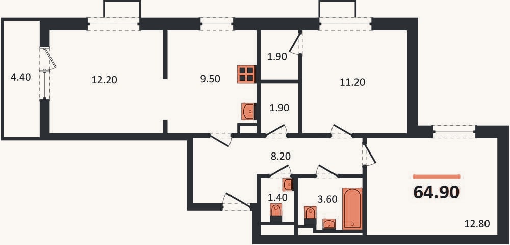 Планировка: 3-к, 64,9 м²