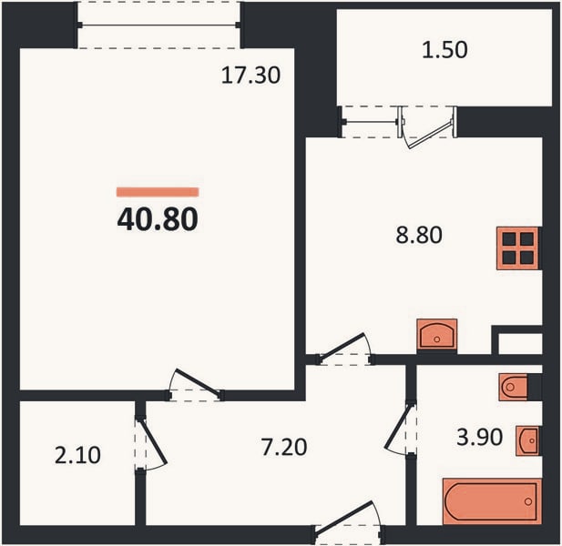 Планировка: 1-к, 40,8 м²