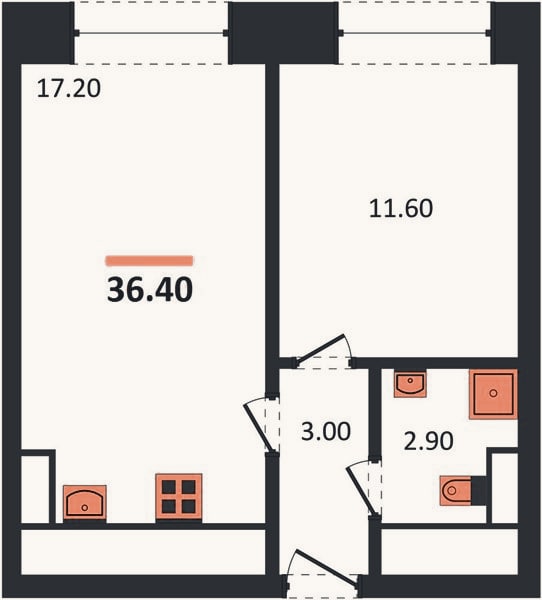 Планировка: 1-к, 36,4 м²