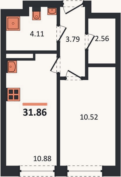 Планировка: 1-к, 31,9 м²